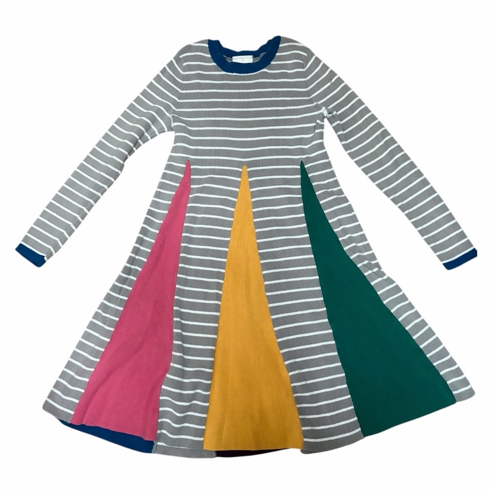 Hanna Andersson Rainbow Swing Dress Gray Long Sleeves Stripes Knit EU 140 US 10